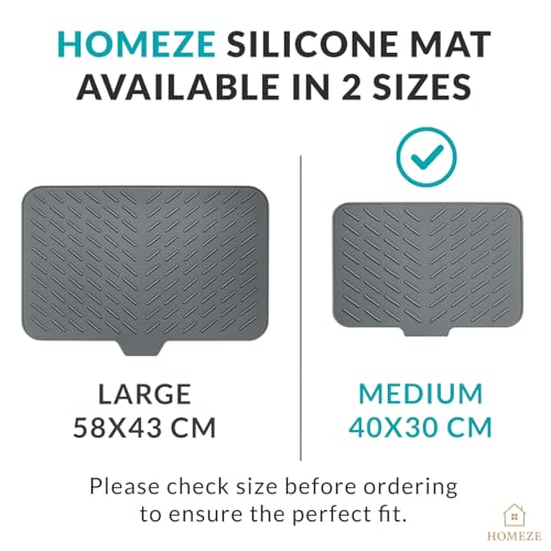 Image of Homeze Medium Kitchen Silicone Drying Mat 40x30 cm - Built-in Drain Lip Organizer Tray for Utensils, Heat Resistant Trivet, Protects Countertops, Prevents Water Accumulation, Easy to Clean (Grey)
