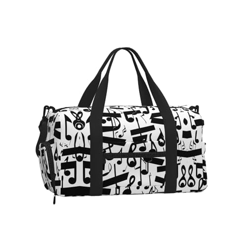 Bolsa de equipaje deportiva negra con asas reforzadas y diseño musical