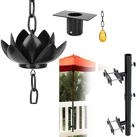 8.5ft Black Lotus Rain Chain for Gutters Downspouts Outside & Heavy-Duty Patio Umbrella Holder for Deck Railing Outdoor Umbrella Base and Mount Brackets Cover