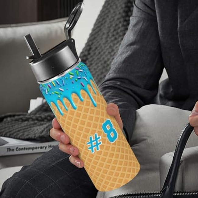 Personalized Ice Cream Drip Baseball Water Bottles with Name for Kids, Custom Insulated Stainless Steel Sports Bottle for Teens Boys, Back to School Gifts, Baseball Team Gifts 18oz
