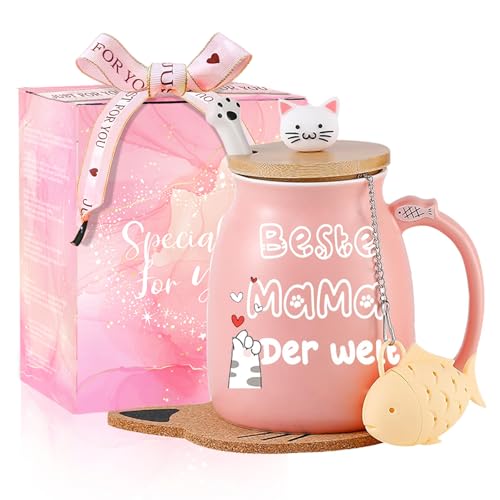 Katzen-Tasse Süße Keramik Kaffeetasse mit deckel,Edelstahl Löffel, Neuheit Morgen Cup Tee Milch Weihnachten Becher Geschenk 380ML