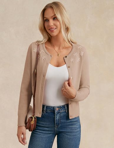 GRACE KARIN Women's Long Sleeve Knitted Cardigan Sweaters Crew Neck Button Up Fuzzy Flower Sweaters Fall Outfits3