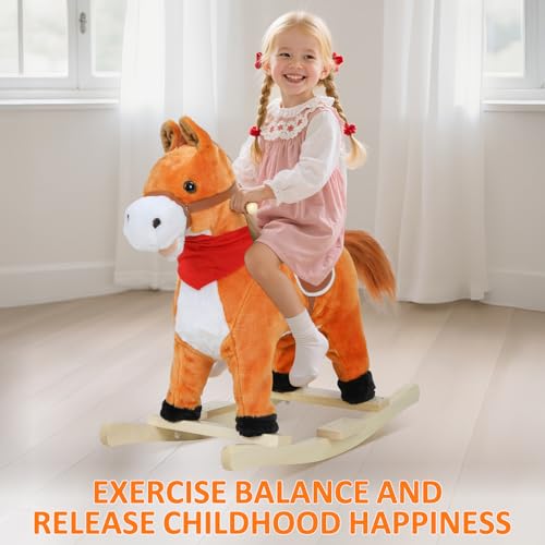 Bluethy Rocking Horse for Toddlers Ages 1-6, Plush Ride On Toy with Sounds Moving Mouth & Wagging Tail, Interactive Wooden Rocker for Kids, Baby Rocking Chair Toys up to 120kg (Light Brown Small)