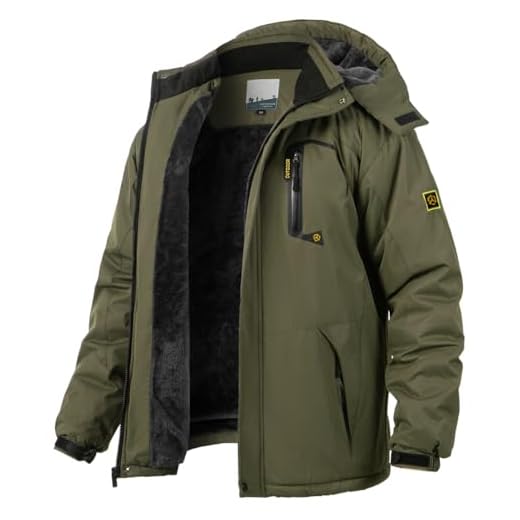 TREKEK Jaqueta masculina de inverno de lã quente impermeável para caminhadas ao ar livre corta-vento casaco de chuva de neve com capuz, Verde militar, GG