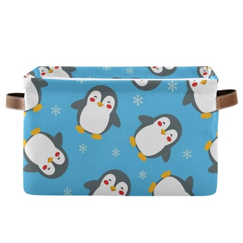 Christmas Snow Penguin Blue Print Rectangular Storage Bin Basket with Handles - Organizer Bins Laundry Storage Basket for Pets Room Books Closet