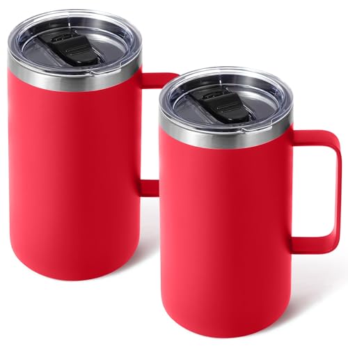 Volhoply 22oz Insulated Stainless Steel Coffee Mugs with Leakproof Lid Bulk 2 Pack,Double Wall Vacuum Travel Coffee Cup with Handle,Reusable Metal Tumbler,Camping Mug Keep Hot&Cold(Red,2)