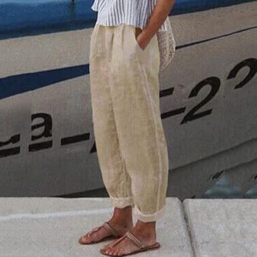 TIAFORD Women's Cotton Linen Floral Printed Pants Casual Elastic Waist Crop Trousers with Pockets2