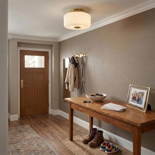 3-Light Gold Flush Mount Ceiling Light, 11.8" Modern Schoolhouse Light Fixtures Ceiling Mount with Ribbed Opal White Glass Shade, Anti-Glare Close to Ceiling Lamp for Bedroom Kitchen Hallway Entryway by AUQUEE - Used condition - Image 6