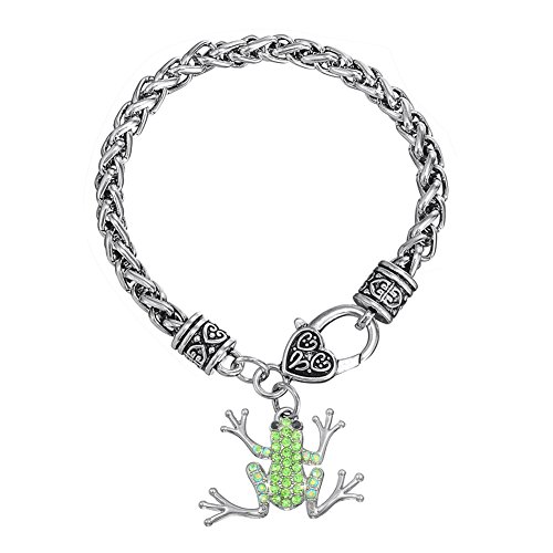 Silver Plated Green Crystal Tree Frog Charm Bracelet Bangle for Girls Fashion Jewelry