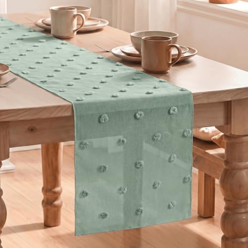 Artoid Mode Sage Green Pom Pom Tulle Table Runner, Seasonal Spring Washable Kitchen Dining Table Decoration for Home Party Decor 12x72 Inch