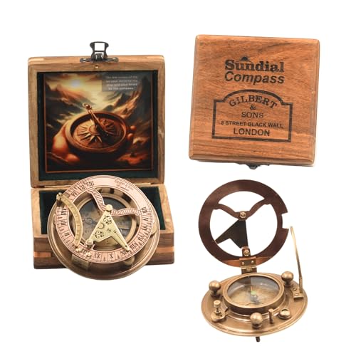Gilbert and Sons Antique Brass Sundial Compass with Engraved Wooden Case