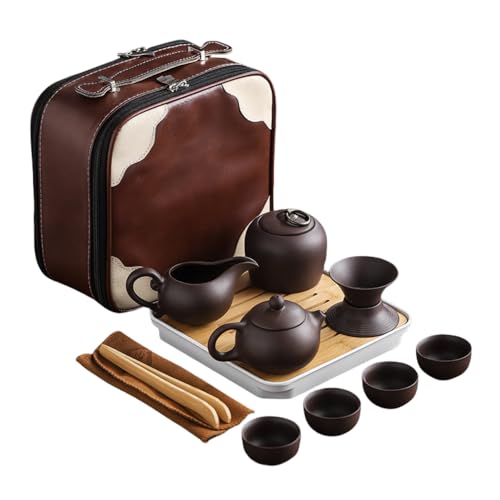 番茶器セット、マルチ ティーセット、茶具セット、ティーポットティーカップ、急須、陶器、旅行、収納バッグ付き 和風急須 (紫砂と紫粘土トラベルセット)