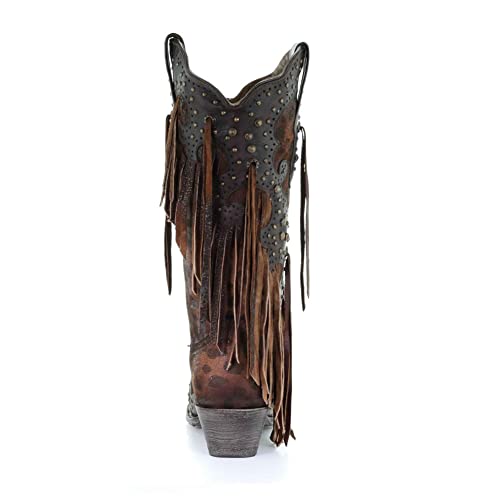 Corral Women's 26 Leopard Stud And Fringe Snip Toe Handmade Pull-On Fashionable Leather Western Cowboy/Cowgirl Boot, Brown, 9.5 #TOP4