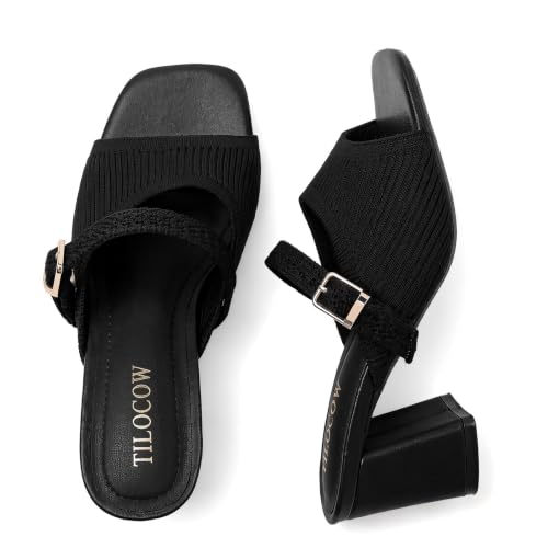 Image of Tilocow Knit Heeled Sandals for Women Square Open Toe Heeled Mules Chunky Block Low Heel Slip On Slides