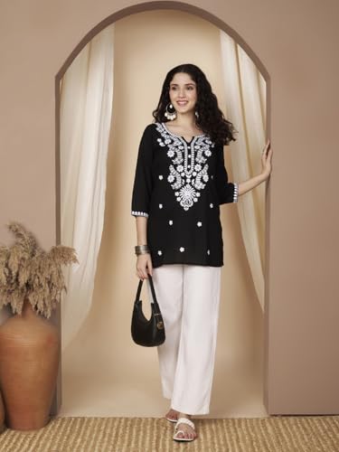 Image of Short Kurti for Women for Jeans, Chikankari Kurtis for Ladies, Lakhnavi V- Neck Women's Tunic Design Kurta, Floral Kurtas & Tunics for Woman
