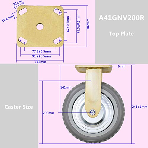 Casoter 8" Gold Top Plate Fixed Caster No Brake Polyurethane Pu Wheel With Tyre Veins, Heavy Duty Industrial Rigid Caster, No Noise & Smooth & Sturdy, 770Lbs Load Capacity Each Caster #TOP3