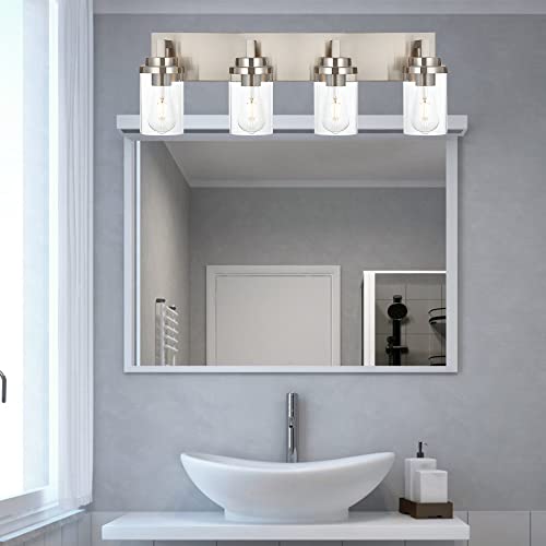 Image of MELUCEE 4 Lights Vanity Light Brushed Nickel Modern Bathroom Lighting Fixtures Over Mirror with Clear Glass Shade, Industrial Wall Lights for Mirror Cabinet Kitchen