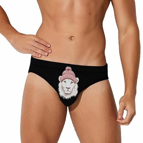 White Lion Wearing Hat Men's Swim Brief Sexy Bikini Swimwear Swimsuit Trunks Bathing Suits