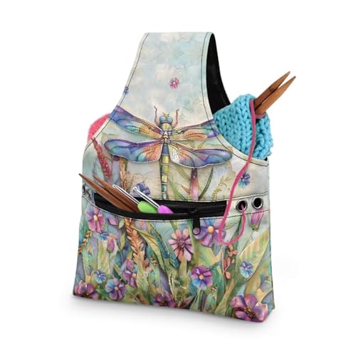 Image of KUIFORTI Dragonfly Crochet Bag Small Yarn Bags for Crocheting on The Go, Flower Crochet Hook Organizer Knitting Bags Canvas Crochet Bags and Totes