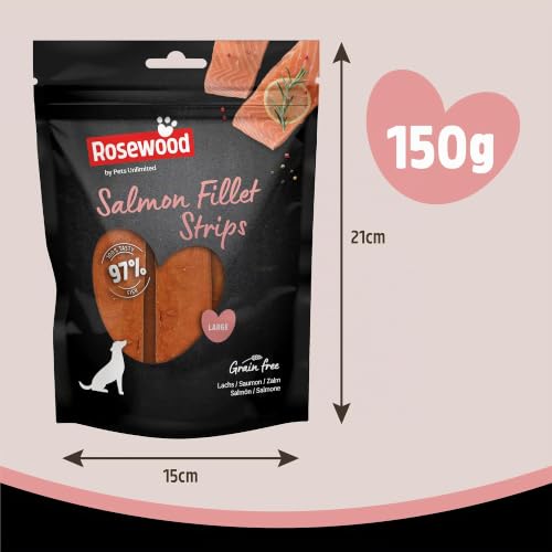 Rosewood Salmon Fillet Strips Large – Weicher Hundesnack mit 97 Prozent Lachs, proteinreich und fettarm, ohne Getreide, ohne künstliche Zusatzstoffe, 150 g