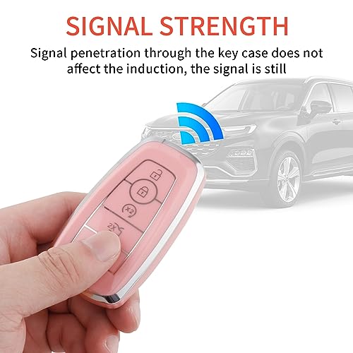Image of Pangpai Pink Key Fob Cover for Ford, Soft TPU Key Case Protection with Bling Keychain Fit for Edge Escape Expedition Explorer Fusion Mustang Ranger F-150 F-250