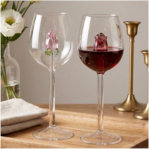 Pumtus 2 Pack Rose Wine Glasses, 10 OZ Creative Drinking Goblet with Rose Inside, Stemmed Fancy Wine Glasses, Unique Romantic Flower Cocktail Glassware, Classic Beverage Cup for Wedding Valentine