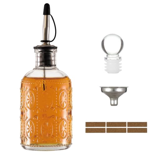 Wongblee Retro Glass Syrup Dispenser Bottle 7oz, Oil and Vinegar Cruet with Stainless Steel Pour Spout, Labels, Funnel & Stopper(Floral-B)