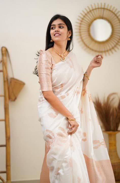 Image of Flosive Women's Kanjivaram Soft Lichi Silk Saree With Blouse Piece (White)