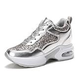 LIOERDIWE Wedge Sneakers for Women High Heel Hidden Platform Sneakers Fashion Glitter Wedding Shoes for Bride Increasing 3 inch(Silver,7 Women)