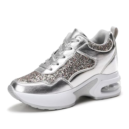 Wedge Sneakers for Women High Heel Hidden Platform Sneakers Fashion Glitter Wedding Shoes for Bride Increasing 3 inch