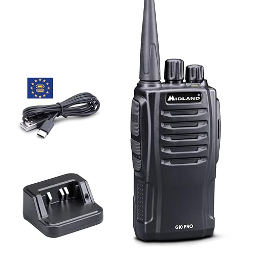 Midland - Walkie Talkie G10 PRO, Ricetrasmittenti Professionali Cantiere e Strada, 32 Canali PMR446 Senza Licenza, Copertura 12Km, Autonomia 16H, 50 Toni CTCSS, 116 Codici DCS, Batteria e Accessori