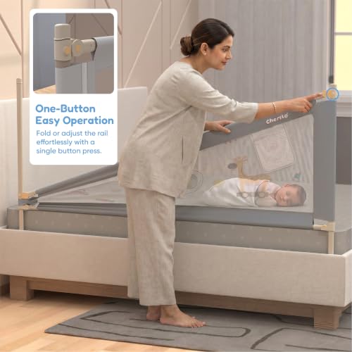 Image of Cherilo Bed Rails for Baby | Pack of 3 (Each Rail: 6ft / 180 cm) | 3 Side Bed Safety Guard for Kids | Foldable & Height Adjustable | Breathable Mesh, Kids-Friendly Prints | Grey (Pack of 3)