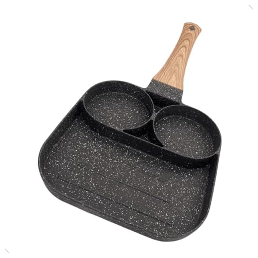 Frigideira 3 buracos para cafe da manha e tarde com 3 Secoes para Ovo Frito, Hamburguer, Lanches, Panqueca Para Camping Pesca Aluminio Antiaderente P/Fogoes Gas Inducao Eletrico