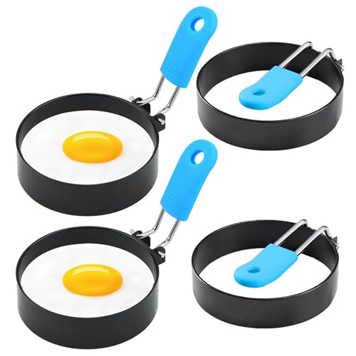 4pcs Egg Rings for Frying Stainless Steel Egg Rings with Anti-Scald Folding Handle Non Stick Fried Egg Rings for Household Kitchen Cooking Egg Frying Breakfast Mini Burger