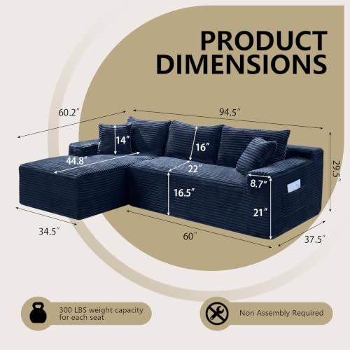 Image of 94.5 inch L Shaped Boneless Sectional Corduroy Couches for Living Room (Blue)