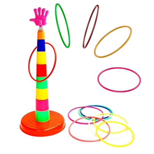 Image of VGRASSP Ring Toss Game Toy for Kids - Mini Quoits Ring Throwing, Stacking Indoor and Outdoor Game Set - 8 Cups with Spring Hand Figure, 8 Multicolor Rings, 1 Base - Color As Per Stock