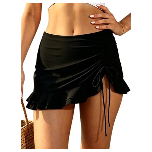 SHEKINI Damen Elegant Bademode Kurze Rock Bikinirock Eingebaut Bikinihose Sportrock Tunnelzug Schwimmrock Strandbikini(Schwarz,M)