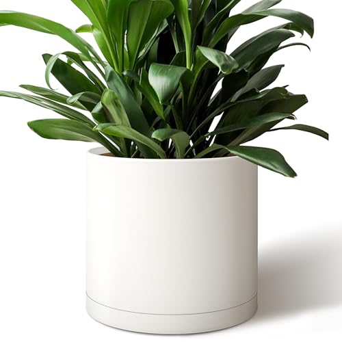 Giraffe Creation 12 Inch Cylinder Plant Pot Modern Round Planter with Drainage Holes and Saucer Durable Plastic Flower Pot for Indoor Outdoor Plants White