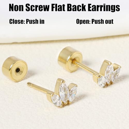 Threadless Flat Back Earrings, Hypoallergenic 14K Real Gold Plated CZ Leaf Stud Earrings | Cartilage Earring | Tragus Helix Piercing Jewelry | Push in Flatback Earrings for Women3