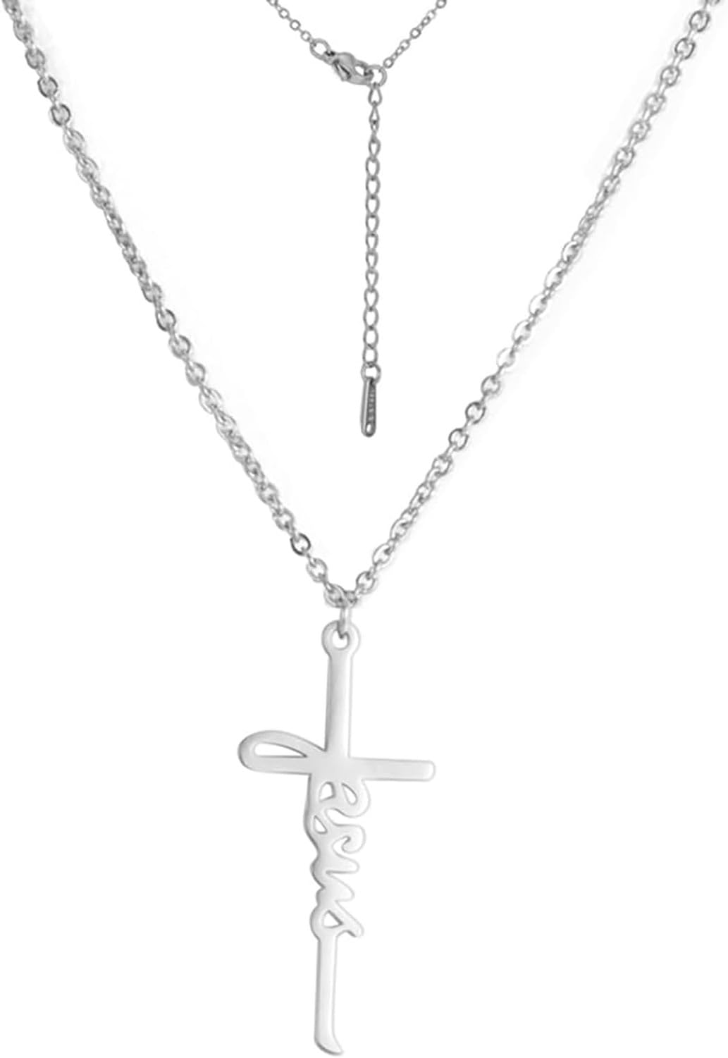 WOMGKDA Cross Necklace for Women Men Jesus Pendant Religious Christian Jewelry for Couples Faith Gift, Sliver