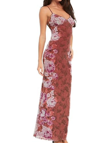 Image of Womens Sexy V Neck Satin Maxi Dresses Spaghetti Strap Floral Print Dresses Slim Fit Elegant Long Dresses Night Party Outfits