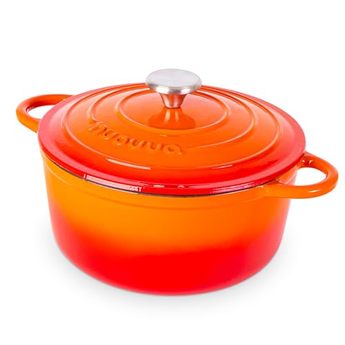 Nuovva Enamelled Cast Iron Dutch Oven Pot with Lid – 5 Quart Casserole Dish – Ceramic Dutch Oven for Bread Baking, Roasting, Braising & Stews – Oven Safe up to 500°F – 24cm Orange