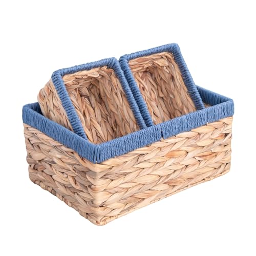 Water Hyacinth Storage Baskets Set - 3-Piece Woven Wicker Basket Organizer with Iron Frame for Shelves, Bathroom & Pantry (Large+2 Small, Natural Seagrass Decorative)