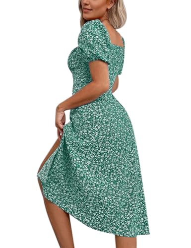 Image of SPRIME Women's Floral Summer Casual Dress Square Neck Puff Sleeve Boho Midi Dresses Ruched Bust High Waist Split Long Dress