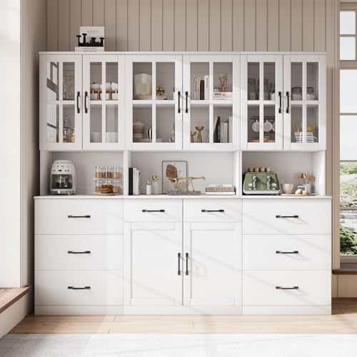 VOWNER Bookcase with Glass Door, 5-Tier Modern Bookshelves with 3 Large Drawer, Glass Display Cabinet with Lager Storage Shelf, Combination Storage Shelves for Home Office, White (beb)