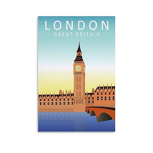 Poster de voyage vintage Londres Grande-Bretagne - 20 x 30 cm - Impression sur toile pour salon, chambre, dortoir, maison, bureau - Décoration murale