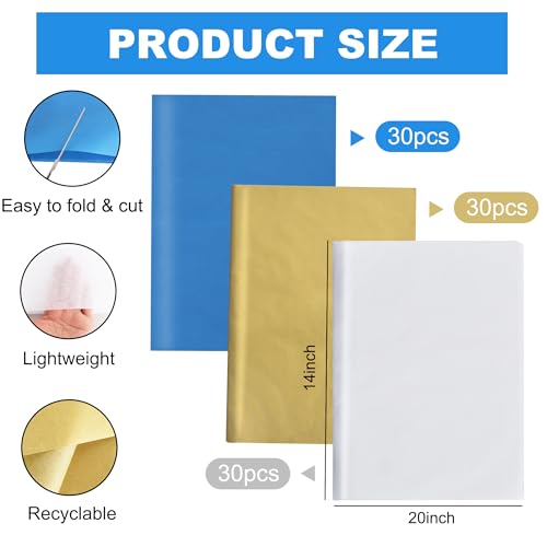 Image of BEISHIDA 90 Sheets Blue White Gold Tissue Paper Bulk, Halloween Wrapping Tissue Paper for Gift Bags, 14 x 20 Inch Gift Wrap for Halloween Graduation Birthday DIY Crafts Holiday Flowers