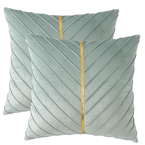 Image of Velvet Throw Pillow Covers 16x16 Pack of 2 Gold Decor Mint Green