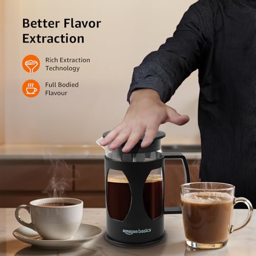 amazon basics French Press Coffee and Tea Maker | 4-Level Filtration System | Heat Resistant Borosilicate Glass | 600ml (Black)