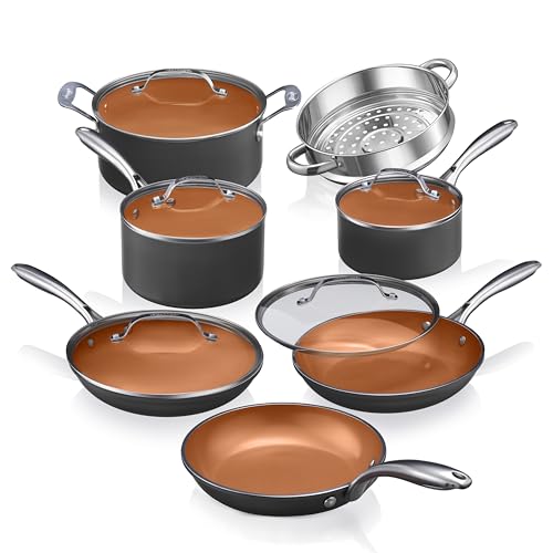Image of Gotham Steel 12 Pc Ceramic Cookware Set Nonstick, Ceramic Pots and Pans Set Non Stick with Steamer for Cooking, Non Toxic PFOA PFOS Free, Ergonomic Stay Cool Handles, Oven & Dishwasher Safe, Copper